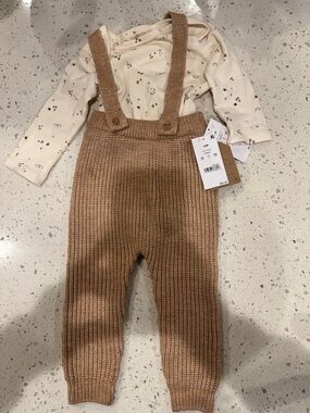 Cozy Knit Suspender Overalls for Kids in Camel